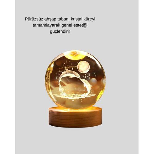 Yunus Temalı Kristal Küre Usb Işıklı Ahşap Altlıklı Gece Lambası