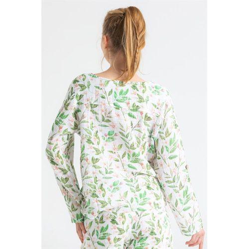 Uzun Kol Sedef Baskılı Yazlık Müslin Gömlek Yaprak Desen Yaprak Dsn