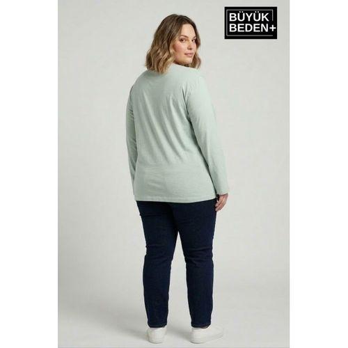 Kadın Büyük Beden Uzun Kollu 2 İplik Bisiklet Yaka Tişört