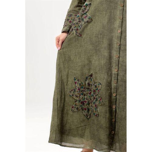 Uzun Kol Nuray Düğmeli Yuvarlak Yaka Çift Cepli Poplin Ferace Haki Hk