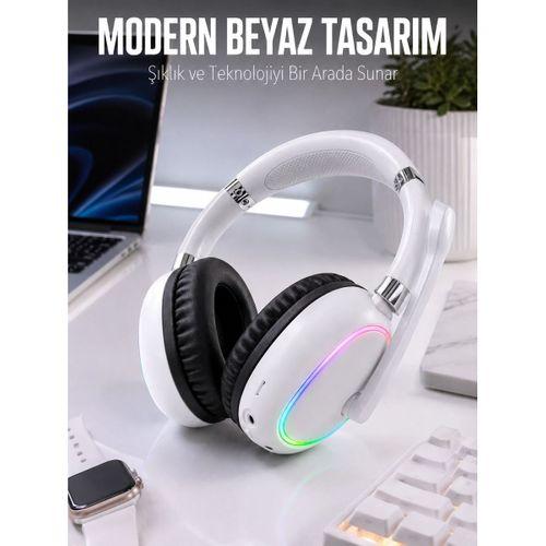 Kablosuz Bluetooth Mikrofonlu Beyaz Kulaklık Rgb Işıklı