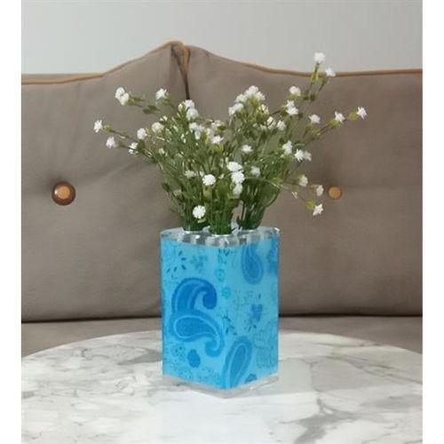 2 Adet Vazo Dahil,Vazoda Çiçek,Beyaz Yapay Çiçek,Vazo Dekoratif Mavi  7X7X17Cm