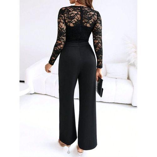 Kadın Uzun Kollu Kruvaze Yakalı Dantelli önünde Toka Detaylı Uzun Ithal Krep Tulum