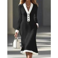 Kadın Uzun Kollu V Yakalı Düğmeli Midi Modal Elbise