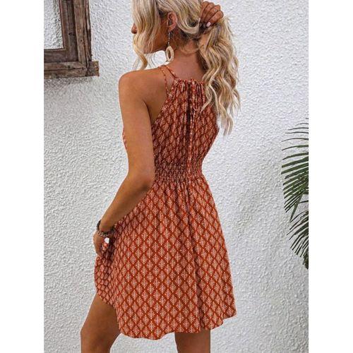 Kadın Omuzlardan Açık Boyun Arkasından Bağcıklı Beli Lastikli Kısa Süprem Elbise