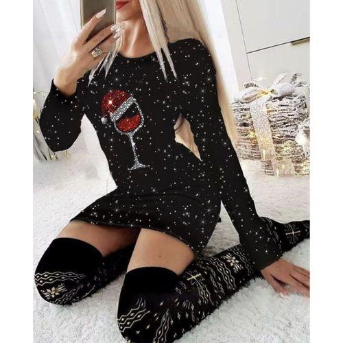 Kadın Uzun Kollu Taş Kadeh Baskı Dalgıç Mini Boy Elbise