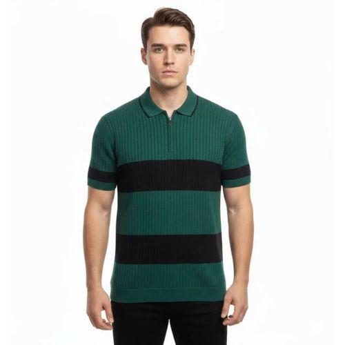 Erkek T-shirt Çizgili Triko Dokuma Kumaş Polo Yaka Yarım Fermuarlı Regular Kalıp Tişört - Çağla Yeşili