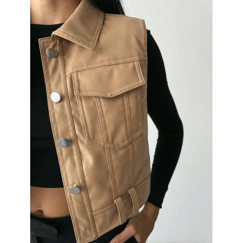 DERİ CROP YELEK - Bej