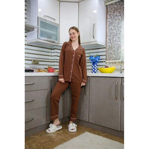 Kadın Penye Uzun Kol Pijama Takım Kahve