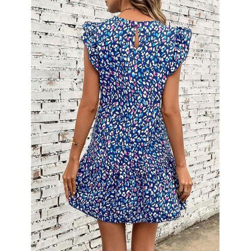 Lucky Life Kadın Kısa Kollu Bisiklet Yaka Etek Ucu Volanlı Kısa Dokuma Elbise