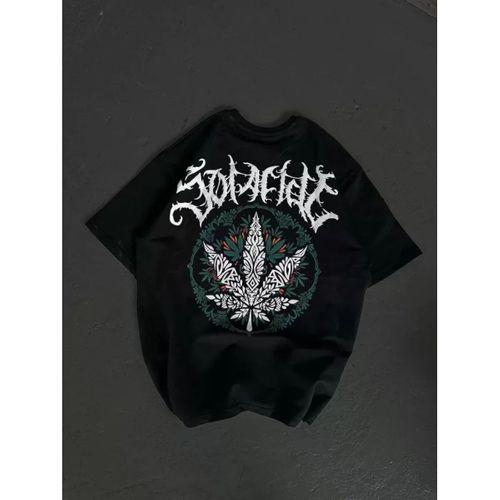 Pilelistore Unisex Bisiklet Yaka Baskılı Oversize T-Shirt - Siyah