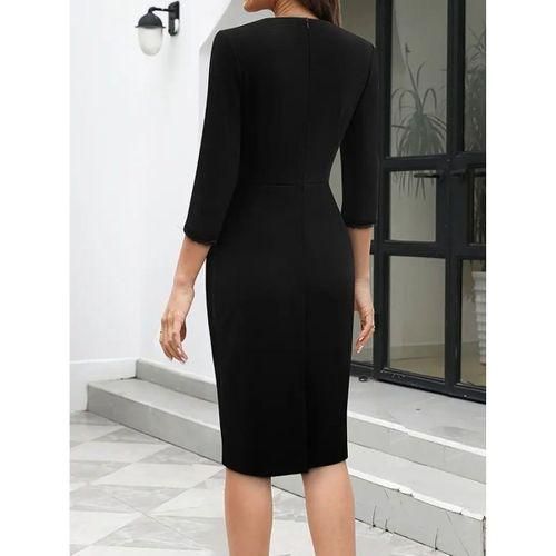 Kadın Fakir Kollu V Yakalı Dantel Detaylı Midi Janjan Krep Elbise