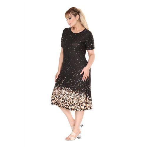 Melsay Butik Siyah Puanlı Leopar Desen A Kesim Midi Elbise