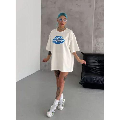 Pilelistore Unisex Bisiklet Yaka Baskılı Oversize T-Shirt - Beyaz