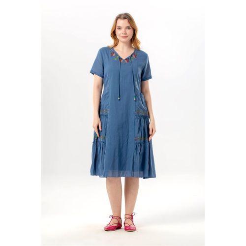 Kısa Kol Aynur Bisiklet Yaka Cepli Yazlık Vual Kısa Elbise İndigo indg