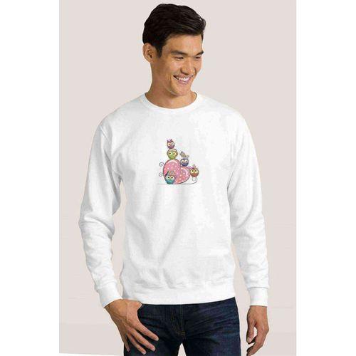 Baykuş Karikatür Çizimi Illüstrasyon Pembe Kalpler Baskılı Beyaz Erkek Sweatshirt