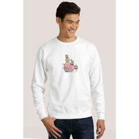 Baykuş Karikatür Çizimi Illüstrasyon Pembe Kalpler Baskılı Beyaz Erkek Sweatshirt