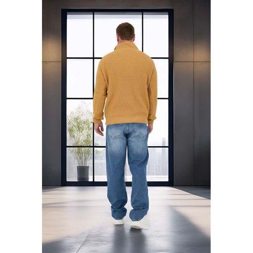 Oversize Selanik Örgü Yarım Fermuar Erkek Triko Kazak - Hardal