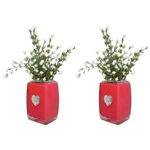 2 Adet Vazo Dahil,Vazoda Çiçek,Beyaz Yapay Çiçek,Vazo Dekoratif Kristal Taşlı Kırmızı Kalpli  6X6X16Cm