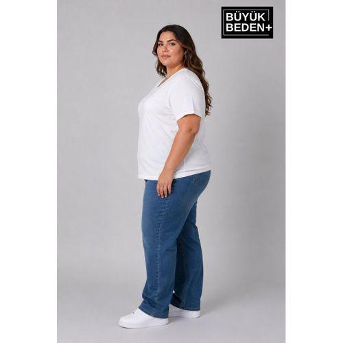 Süperlife Büyük Beden Kadın V Yaka Pamuklu Basic Tişört Lacivert 3XL-6XL SPR26BTSK509