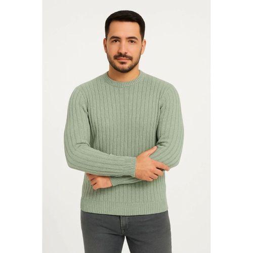 Erkek Bisiklet Yuvarlak Yaka Triko Kazak Pamuklu Kalın Fitilli Dokuma, Regular Fit Uzun Kollu Kışlık Model - Mint Yeşili