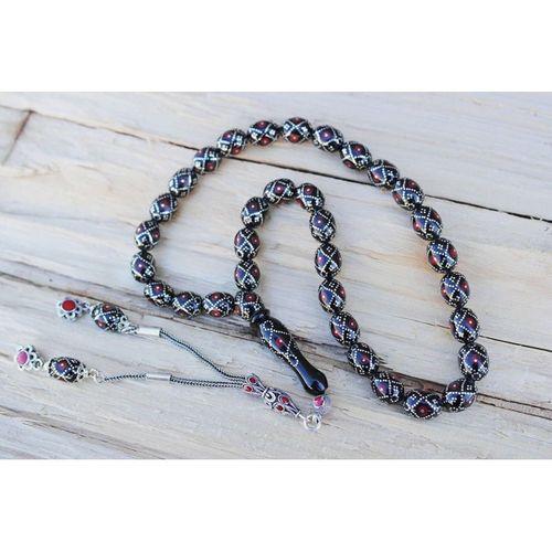 Oltu Taşı  Beyzi Fiyonk Kırmızı İşlemeli Tespih