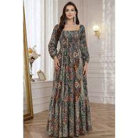 Kadın Düşük Omuzlu Beli Büzgülü Dijital Desenli Kesik Elyaf Süprem Uzun Elbise