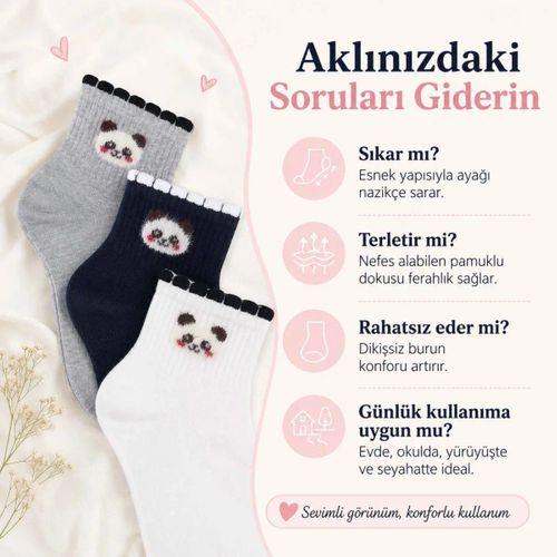 Kadın Panda Desenli Kısa Konç Çorap 12'li | %80 Pamuklu Dikişsiz, Siyah Beyaz Gri