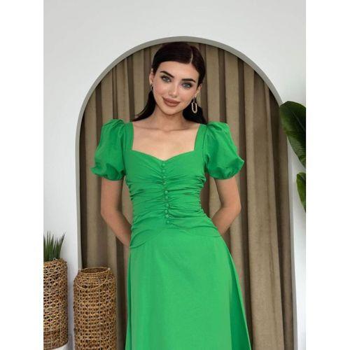 Kare Yaka Düğmeli Elbise