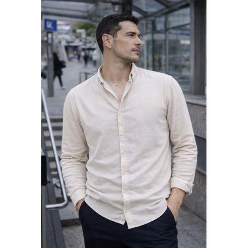 Scott – Soft Dokulu Yarım Oversize Modern Erkek Gömlek - Bej