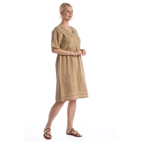 Kısa Kol Vizon V Yaka Nakışlı Midi Boy Müslin Yazlık Elbise