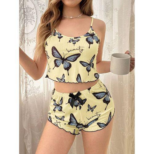 Kadın Sarı Kelebek Desenli Askılı Şortlu Ribana Pijama Takımı,rahat Ve Şık Ev Giyim,kadın Pijama