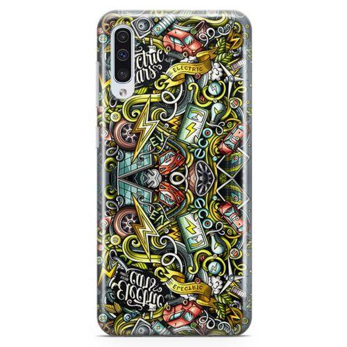 Samsung Galaxy A50 Kılıf Elektrikli Araba Doodle Arka Kapak Koruma Desenli Full Koruyucu