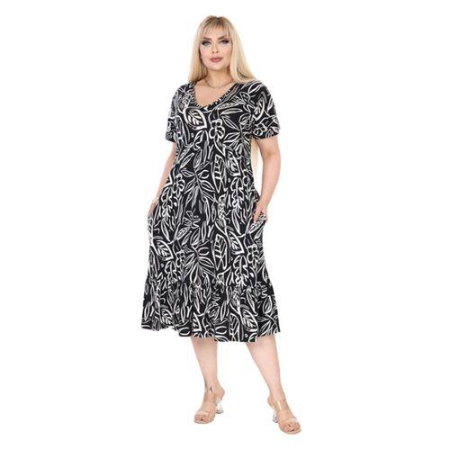 Melsay Butik Göğüsten Robalı V Yaka Kısa Kollu Siyah Yaprak Desen Cepli Elbise