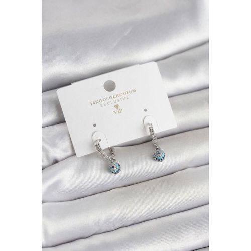 Minimal Nazarlı Model Gümüş Renk Zirkon Taşlı Kadın Küpe