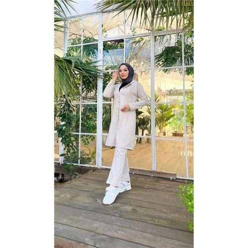 Çıtçıtlı Kapşonlu Uzun Tunik Pantolon İkili Tesettür Eşofman Takımı - 03078.027 - Ekru