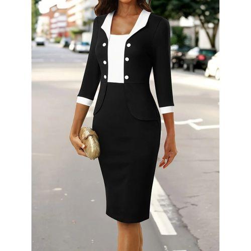 Kadın Truvakar Kol çift Renkli Düğmeli Kısa Ithal Krep Elbise