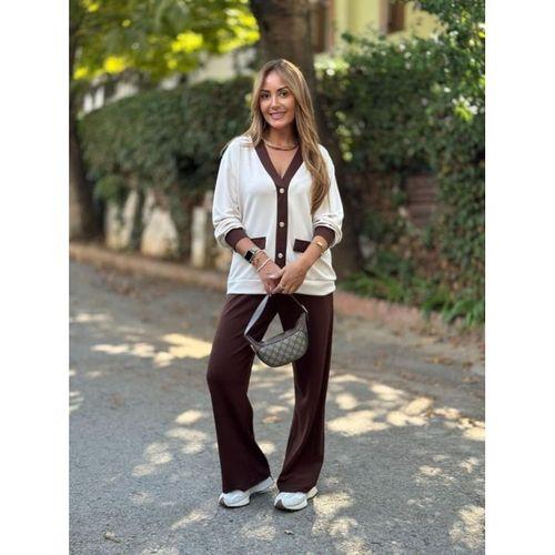 Kadın Uzun Kollu Ribanali Cep Detay Hırka Ve Bol Paça Pantolon Ikili Takım