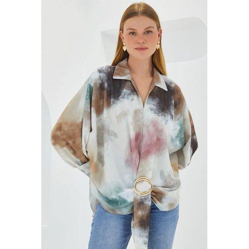 Hardal Ekru Oversize Dökümlü Saten Gömlek 907