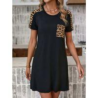 Kadın Kısa Kollu Yuvarlak Yaka Cepli Leopar Desen Detaylı Viskon Elbise