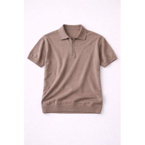 Linus Fermuarlı Polo Yaka Kısa Kollu İnce Triko Erkek T-Shirt - Kahve