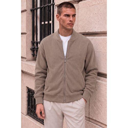 Ravello %100 Şönil Relaxed Fit Kolej Yaka Fermuarlı Lamineli Ceket - Çakıl Taşı