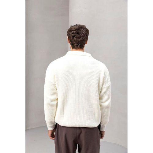 Oversize Selanik Örgü Düğmeli Erkek Hırka- Ekru