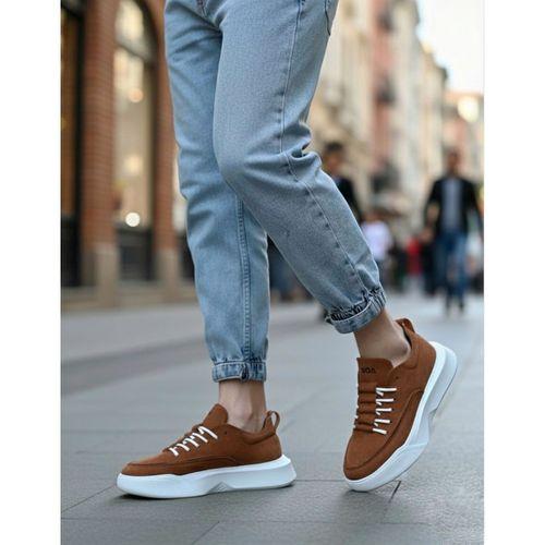 BA0332 Merdiven Desen Bağcıklı Erkek Yüksek Taban Taba Süet Beyaz Taban Spor Ayakkabı