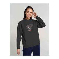 Papyonlu Köpek Baskılı Füme Antrasit Kadın Sweatshirt