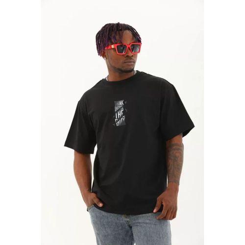 Unisex Oversize Baskılı Bisiklet Yaka T-Shirt - Siyah