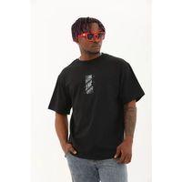 Unisex Oversize Baskılı Bisiklet Yaka T-Shirt - Siyah