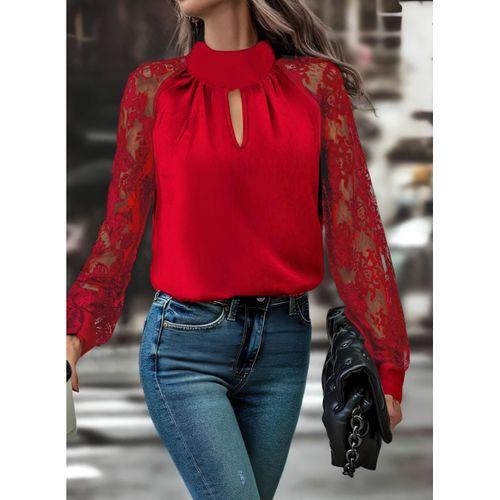 Kadın Uzun Kollu Göğüs Pencere Detay Yaka Boğazlı Kolları Tüllü Sandy Bluz