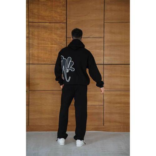 Erkek Kapüşonlu Eşofman Takım Graffiti Baskılı Oversize Rahat Kalıp, Kanguru Cepli, Streetwear Tarzında Premium Ürün 3 Iplik Pamuklu - Siyah