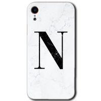 Potkal Hediye Fabrikası iPhone XR Kılıf HD Desen Baskılı Arka Kapak - Beyaz Mermer Desenli N Harfi